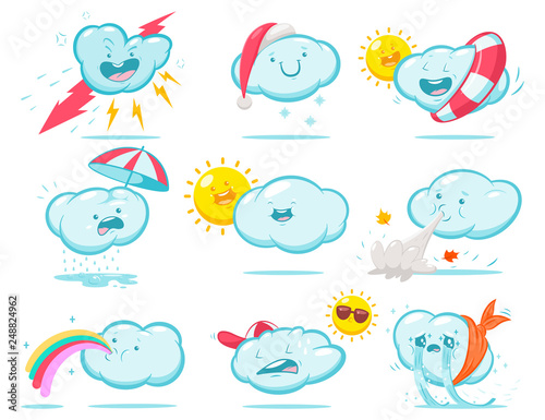 Cute cartoon weather with funny cloud and sun. Vector characters set isolated on a white background.