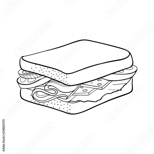 Tomato, ham, cheese and lettuce sandwich. Contour isolated on white background. Vector