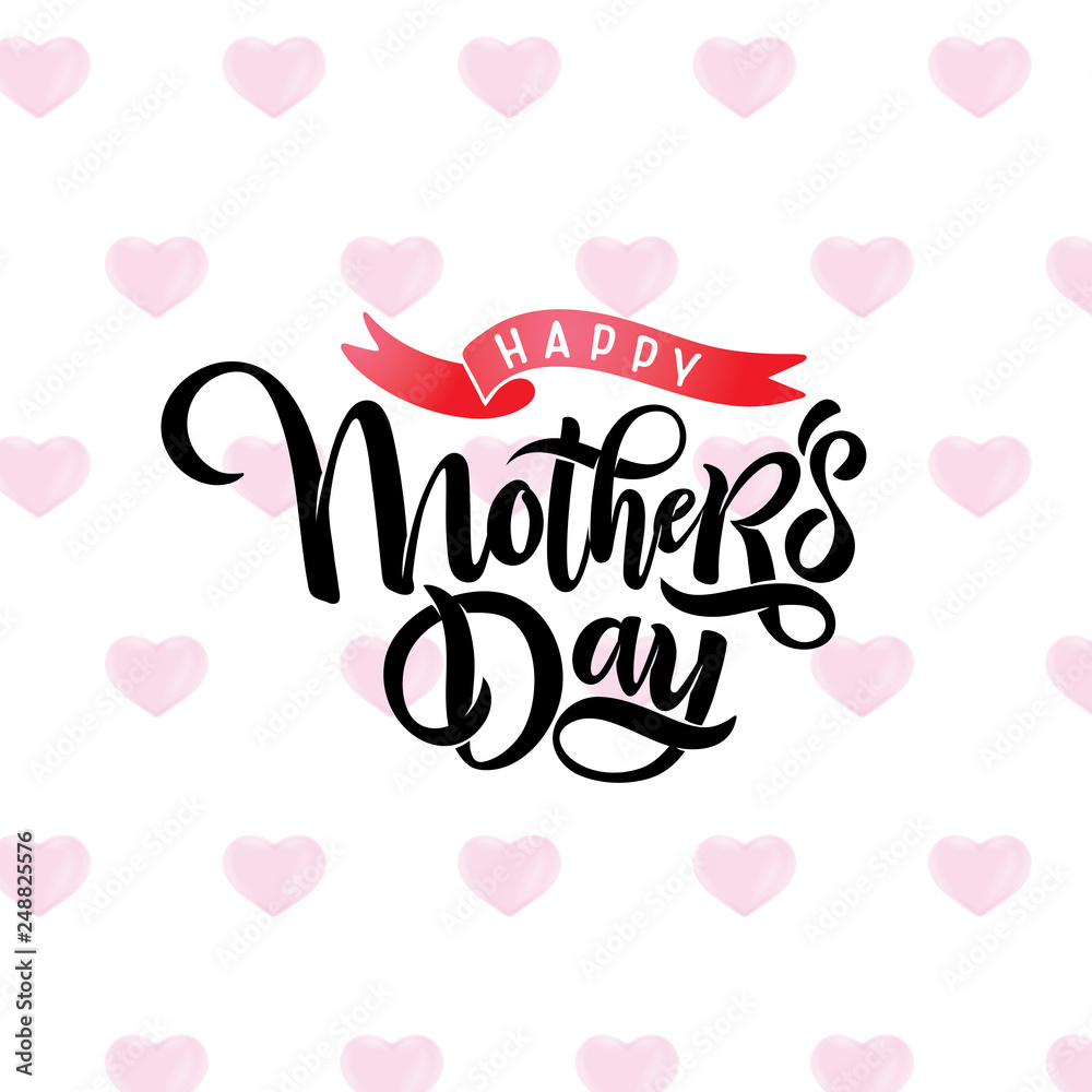 Vector Mothers day greeting card with festive calligraphy lettering, red hearts seamless pattern. Watercolor effect