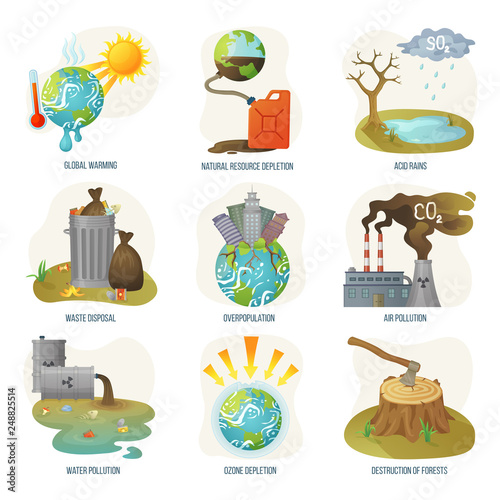 Global warming natural resource depletion problems vector. Waste disposal, air and water pollution, ozone layers and deforestation destruction forests. Environment problematic in flat style