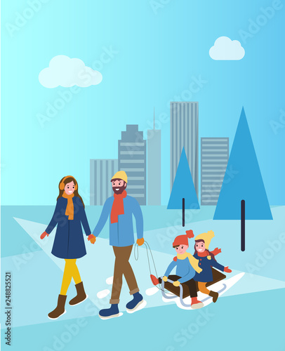 Mother and father with children on sleds in park vector. Snowy city with skyscrapers toddlers sitting on sledges, parents walking wintertime season