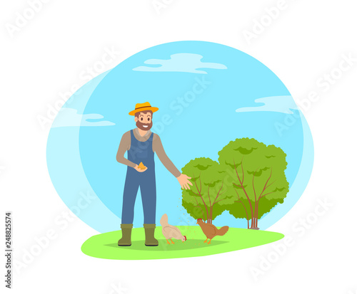 Farmer feeding chickens hens with cereals and wheat seeds. Tending domestic animals, farmer with food for fowls. Poultry breeding isolated vector