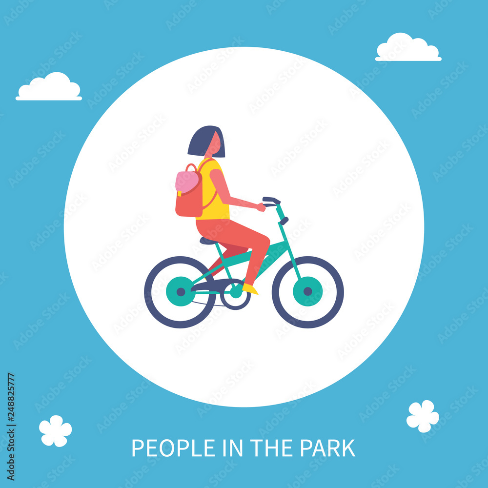 People in park poster girl riding bike cartoon vector with circle. Teenager in casual clothes and backpack cycling in park or city road, healthy lifestyle People in park poster girl riding bike cartoon vector with circle. Teenager in casual clothes and backpack cycling in park or city road, healthy lifestyle
