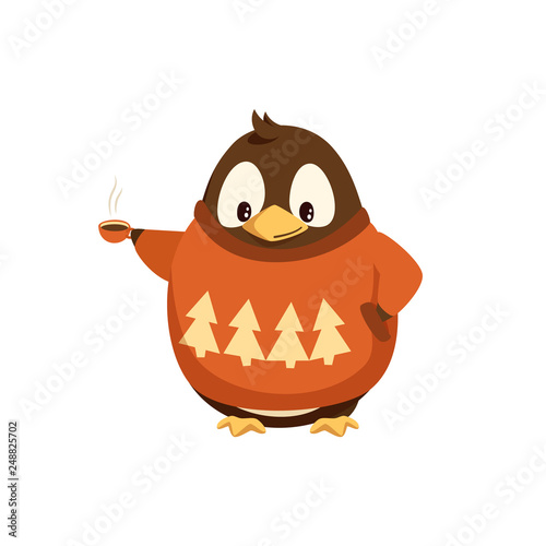Penguin in sweater with hot coffee cup. Flightless Arctic bird in clothes with beverage vector. Christmas outfit, energetic drink and animal isolated icon