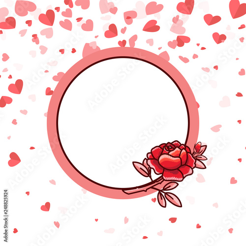 Round frame with pink line and big rose, white color inside. Romantic paper empty card decorated by blossom and hearts, Valentine postcard vector