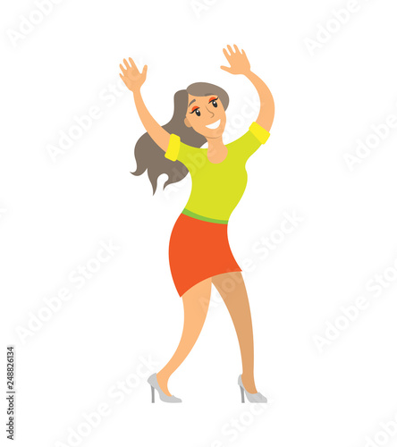 Dancing lady woman shaking body on music isolated vector. Party dancer female having fun on party, showing moves. Nightlife of lady in skirt and sweater