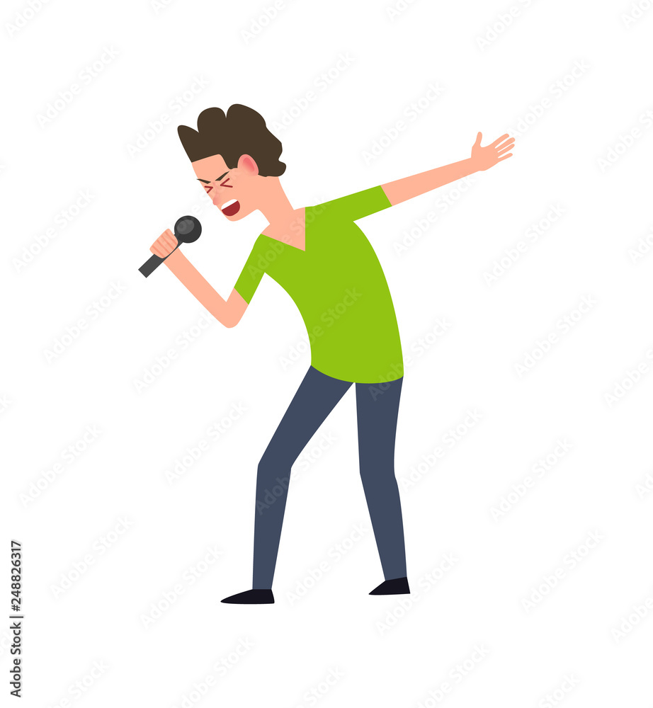 Human character singing song with microphone in casual clothes. Flat character, karaoke and solo performance, side view of boy artist singer vector Human character singing song with microphone in casual clothes. Flat character, karaoke and solo performance, side view of boy artist singer vector