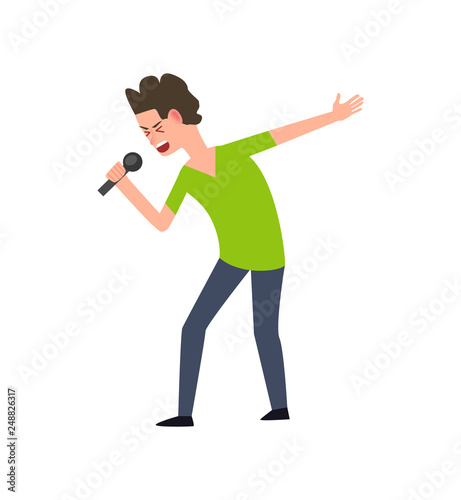 Human character singing song with microphone in casual clothes. Flat character, karaoke and solo performance, side view of boy artist singer vector