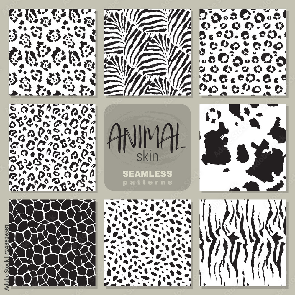 Collection of eight vector seamless patterns with animal skin zebra, leopard, jaguar, giraffe cow.