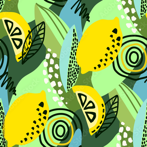 Vector abstract seamless pattern with lemons, circles, dots.