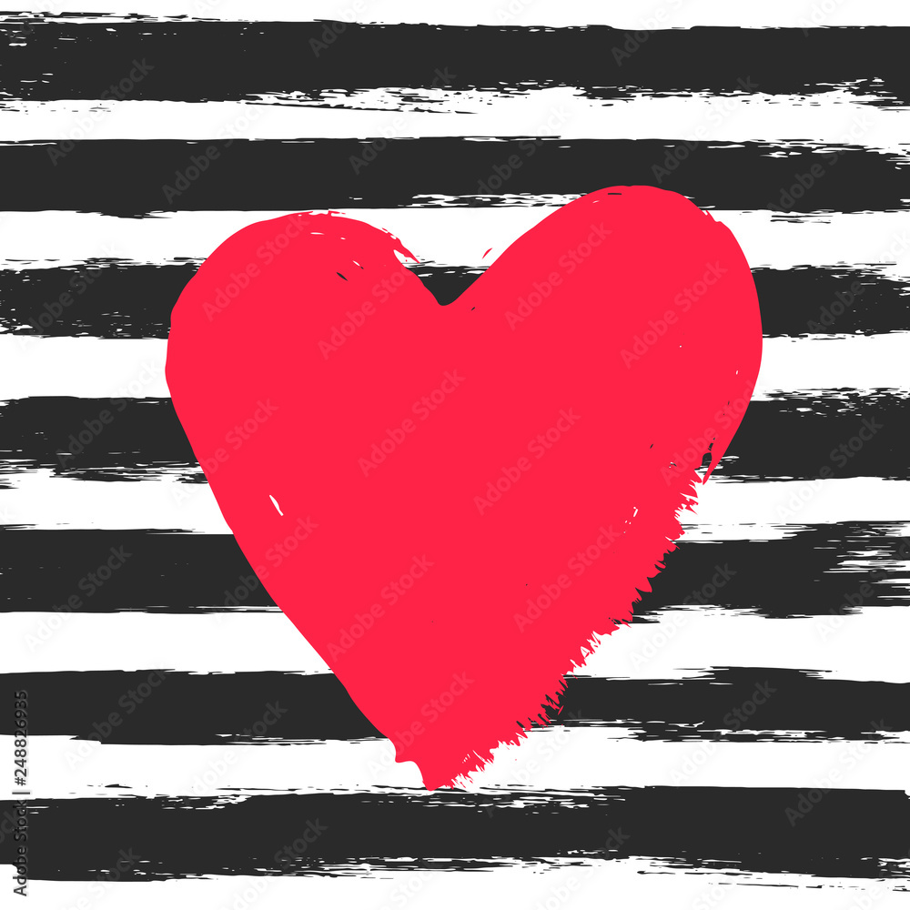 Red heart on horizontal ink black stripes. Design greeting card and  invitation of the wedding, birthday, Valentine s Day, mother s day and  holiday. Vector illustration. Isolated on white background. Stock Vector |
