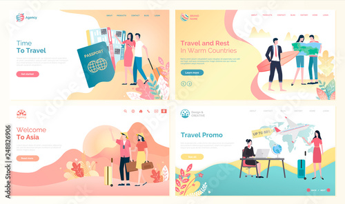 Time to travel websites with people and destinations vector. Man and woman with tickets, traveling to Asia, and warm countries, surfer with board set in flat style