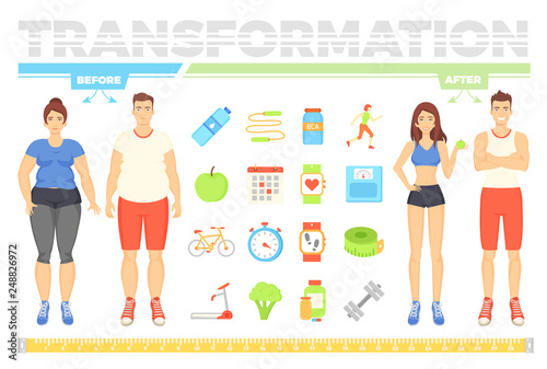 Transformation before fat man and woman and after, people on diet, symbols of healthy lifestyle. Food and activity, sport equipment for training vector