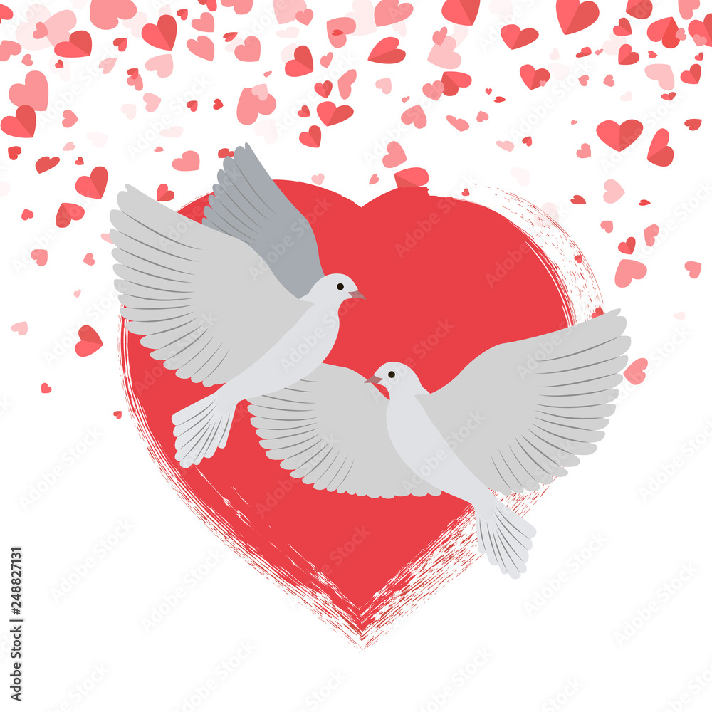 Naklejka premium Doves in love pigeons birds hearts Saint Valentines day vector. Celebration of holiday in february, white birdies symbols of hope and purity flying