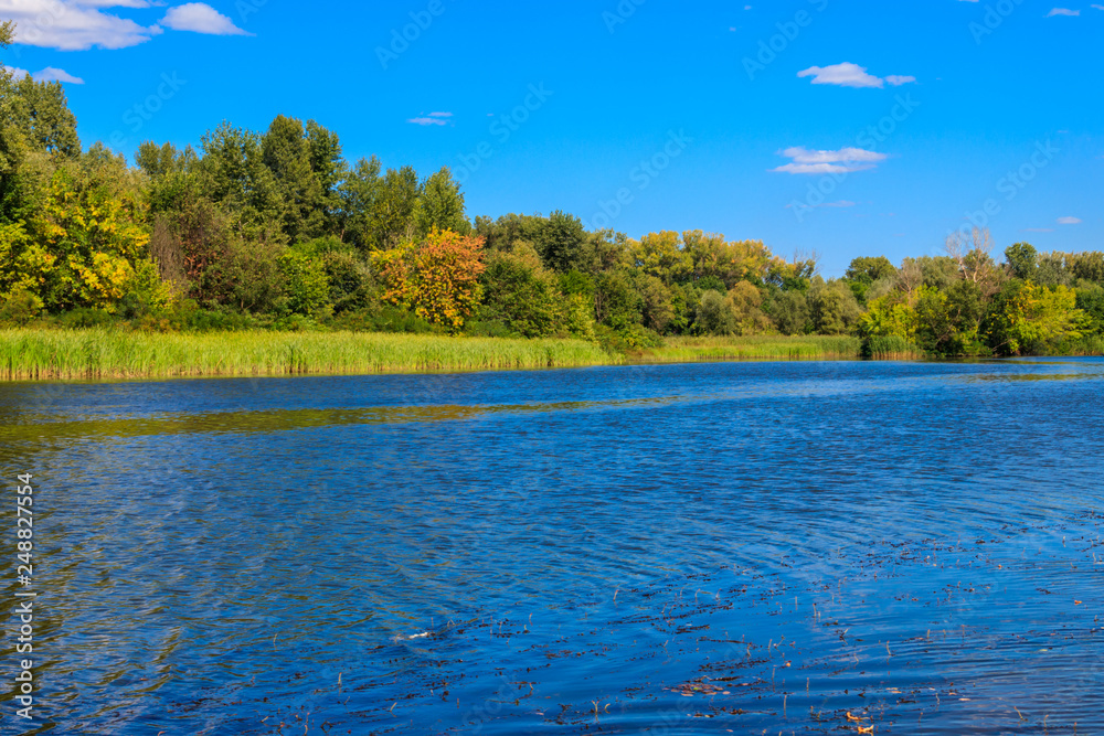 Summer landscape with beautiful river, green trees and blue sky Summer landscape with beautiful river, green trees and blue sky