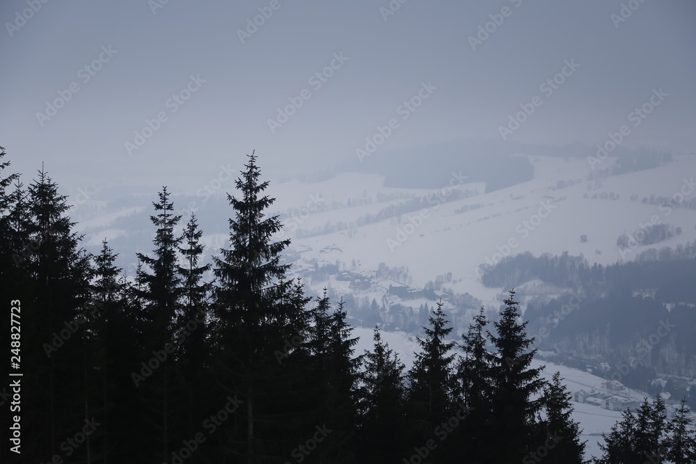 Winter, snowy, mountain landscape. Sudety Mountains