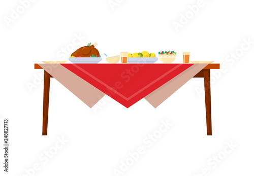 Dishes on table with red tablecloth. Food chicken with potatoes, salads and drinks, cups and plates. Set-table of deliciouce meal in realistic style vector