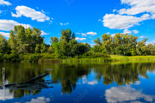 Summer landscape with beautiful river  green trees and blue sky