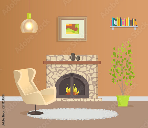 Modern design of flat with brown wallpaper vector. Armchair and grey mat near burning fireplace decorated with vase. Houseplant near shelf with books
