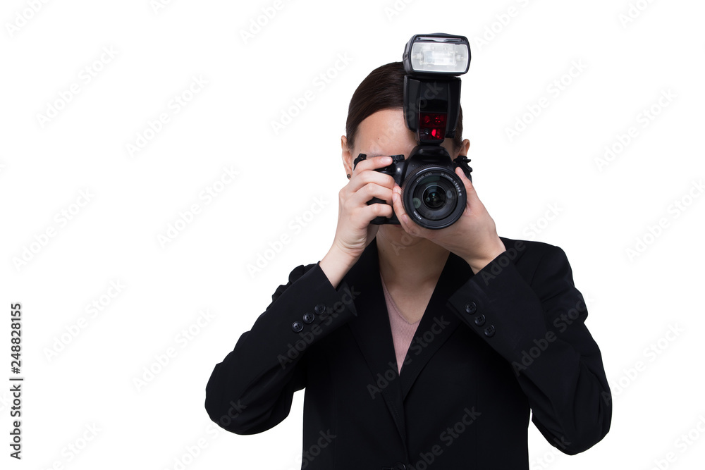 Asian Woman Photographer hold camera with external flash point to shoot subject, wear normal suit jacket. studio lighting white background isolated copy space, reporter journalist take photo celebrity Asian Woman Photographer hold camera with external flash point to shoot subject, wear normal suit jacket. studio lighting white background isolated copy space, reporter journalist take photo celebrity