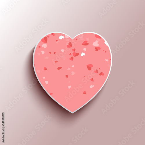 Heart-shape 3D pink frame with white and red hearts isolated on grey background. Greeting card on Valentines day template, symbol of love, realistic vector