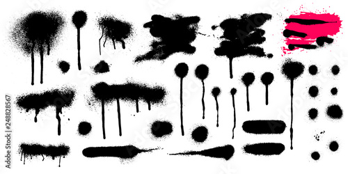 Set of Spray graffiti stencil template. Black splashes. Freehand drawing. Vector illustration. Isolated on white background.