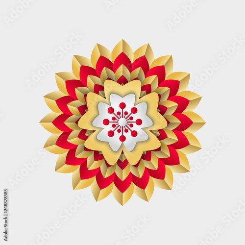 Flower with red and golden stripes, paper with petals in realistic style isolated on white. Chinese decoration for New Year, single colorful icon vector