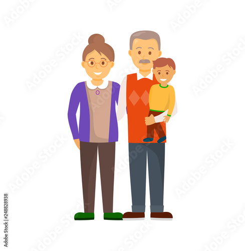 Grandfather holding smiling little grandson and hugging grandmother, people in sweater and trousers. Cheerful family full length portrait vector isolated