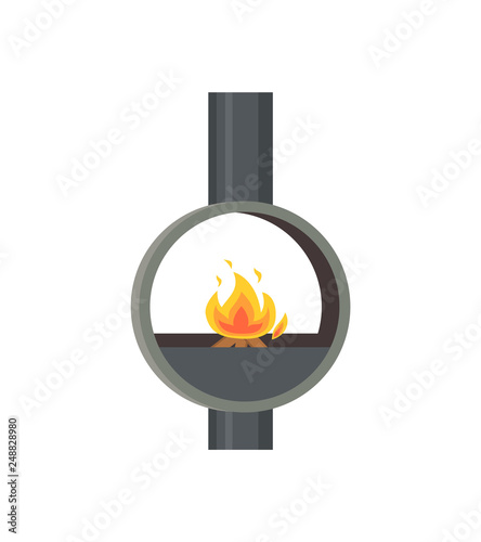 Fireplace made of metal material iron stove isolated icon vector. Pipe glowing flames in ball, home interior decoration of closed type, circular furnace