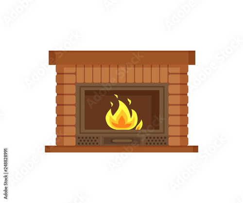 Fireplace with metal frame, construction made of brick vector. Flames and burning logs wood material in fire, heating decoration of home interior