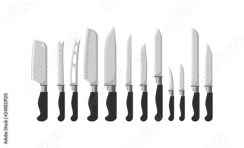 Kitchen cutlery sharp knives silverware dining vector. Equipment for cutting objects, dishware tools, tableware with handles and different shapes of blades