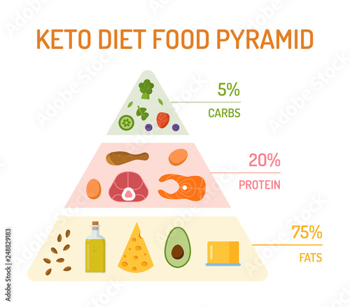 Keto diet food pyramid. The percentage of fats, proteins and carbs. Flat design. Vector illustration.