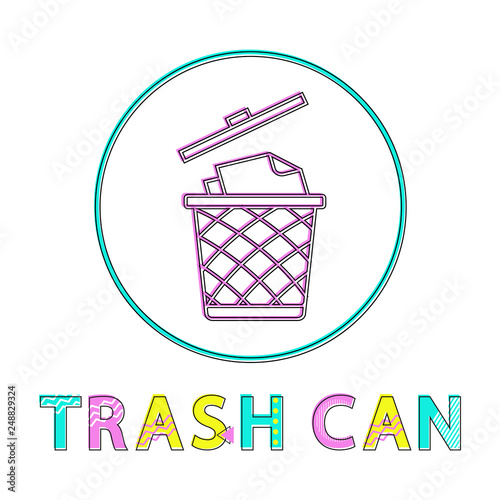Trash can or bin with lid or cover workspace furnishing element. Essential office arrangement plastic garbage bucket flat vector rounded lineout icon.