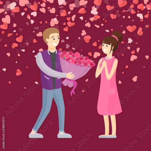 Man giving big bouquet of pink flowers to woman. Surprise for girlfriend  Valentine day  dating people. Card decorated by hearts  holiday greeting vector