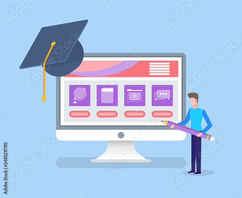 Online education, completion of university degree vector. Person holding pencil standing by monitor with info files and assignments, graduation hat