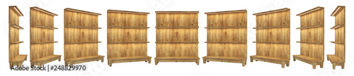 Isolated wooden trade shelves with lighting in classic style. For installation in your project at 9 angles. realistic 3D render