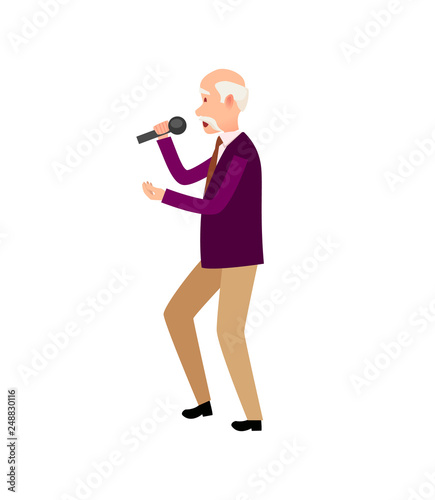 Music performer, old male holding microphone isolated vector. Human wearing formal clothes relaxing at karaoke club, singer vocalist, pensioner solo