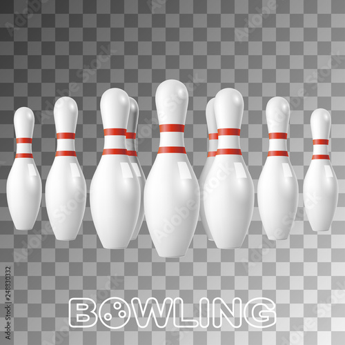 Realistic bowling white pins isolated on transparent photo