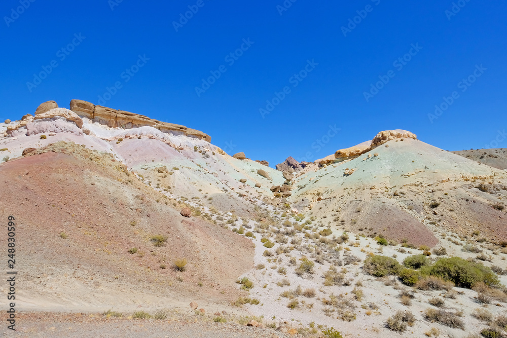 Colorful Cerro Siete Colores, Seven 7 Colors Mountain in the andean precordillera near Uspallata, Argentina