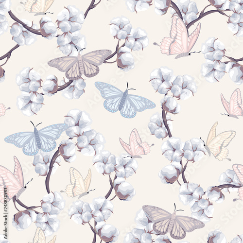seamless pattern with butterflies and cotton flowers