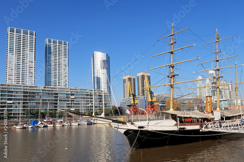 Historic sailing ship on Rio de la Plata river in the modern district Puerto Madero  Buenos Aires  Argentina