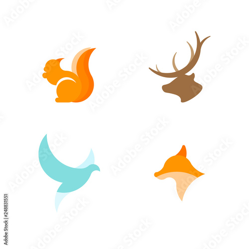 Red squirrel, dove, fox and deer silhouette logos. Carroty squirrel geometric logo. World peace. Flying dove geometric logo.