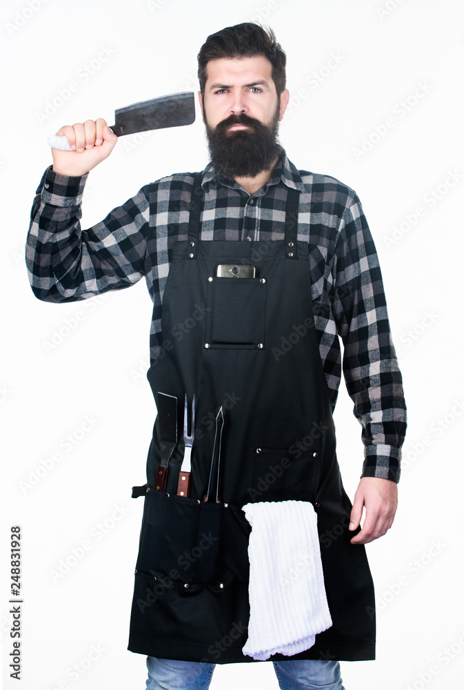 Bearded hipster wear apron for barbecue. Tips cooking meat. Tools for roasting meat outdoors. How choose meat for steak and barbecue. Barbecue menu. Roasting and grilling food. Start barbecue season Bearded hipster wear apron for barbecue. Tips cooking meat. Tools for roasting meat outdoors. How choose meat for steak and barbecue. Barbecue menu. Roasting and grilling food. Start barbecue season