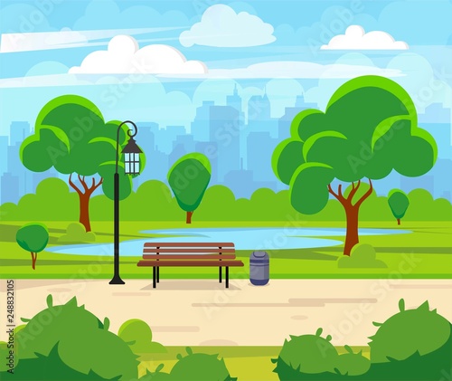 City summer park with green trees bench, walkway and lantern. Town and city park landscape nature. Cartoon vector illustration.