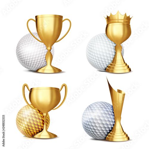 Golf Game Award Set Vector. Golf Ball, Golden Cup. Modern Golf Tournament. Design For Sport Promotion. Certificate, Diploma. Sport Event Announcement. Banner Advertising. Template Illustration