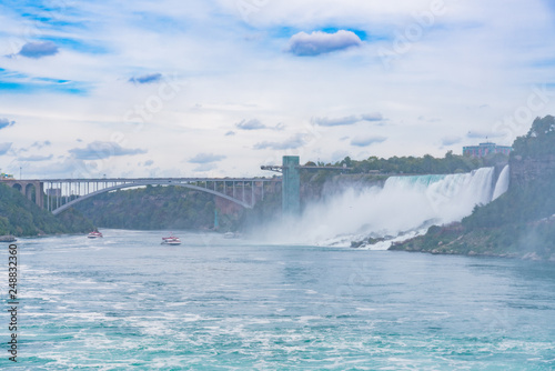 Aerial view of the beautiful Niagara Falls and Rainbow International Bridge