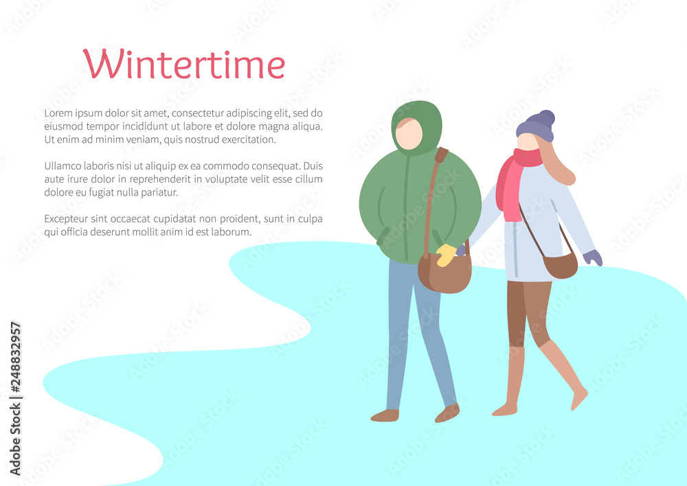 Wintertime cold season, couple walking on ice vector. People carrying handbags and sacks, wearing warming clothes. Winter seasonal frosty weather