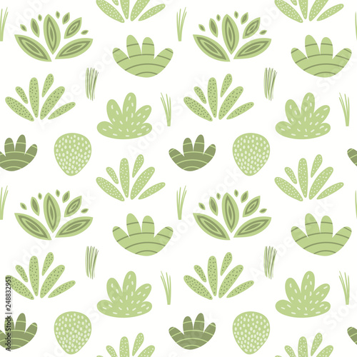 Hand drawn seamless botanical pattern with green shrubs and grasses on white background. Vector illustration. Flat style design. Concept for kids textile print, wallpaper, wrapping paper