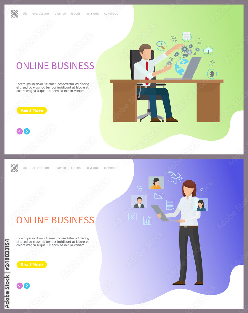Online business, boss in office using PC computer vector. Woman looking at profiles of freelancers in internet. Communication in global web network. Webpage template, landing page in flat style