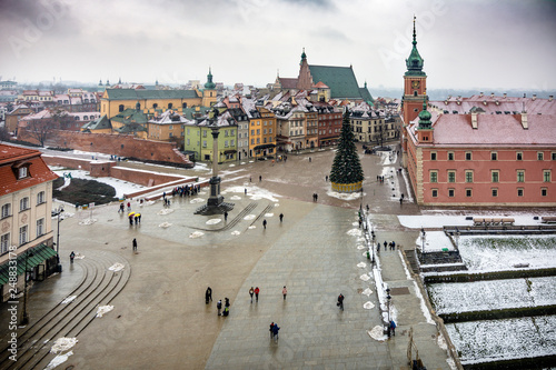 Overhead view of Warsaw old town with Royal Castle and Sigismund Column